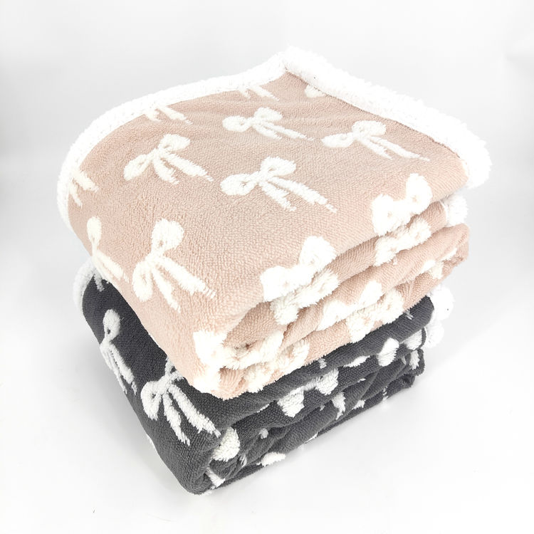 Soft Reversible Bow Pattern Sherpa Blanket Textured Bow Knit Throw Blanket for Bed Sofa Home Decor
